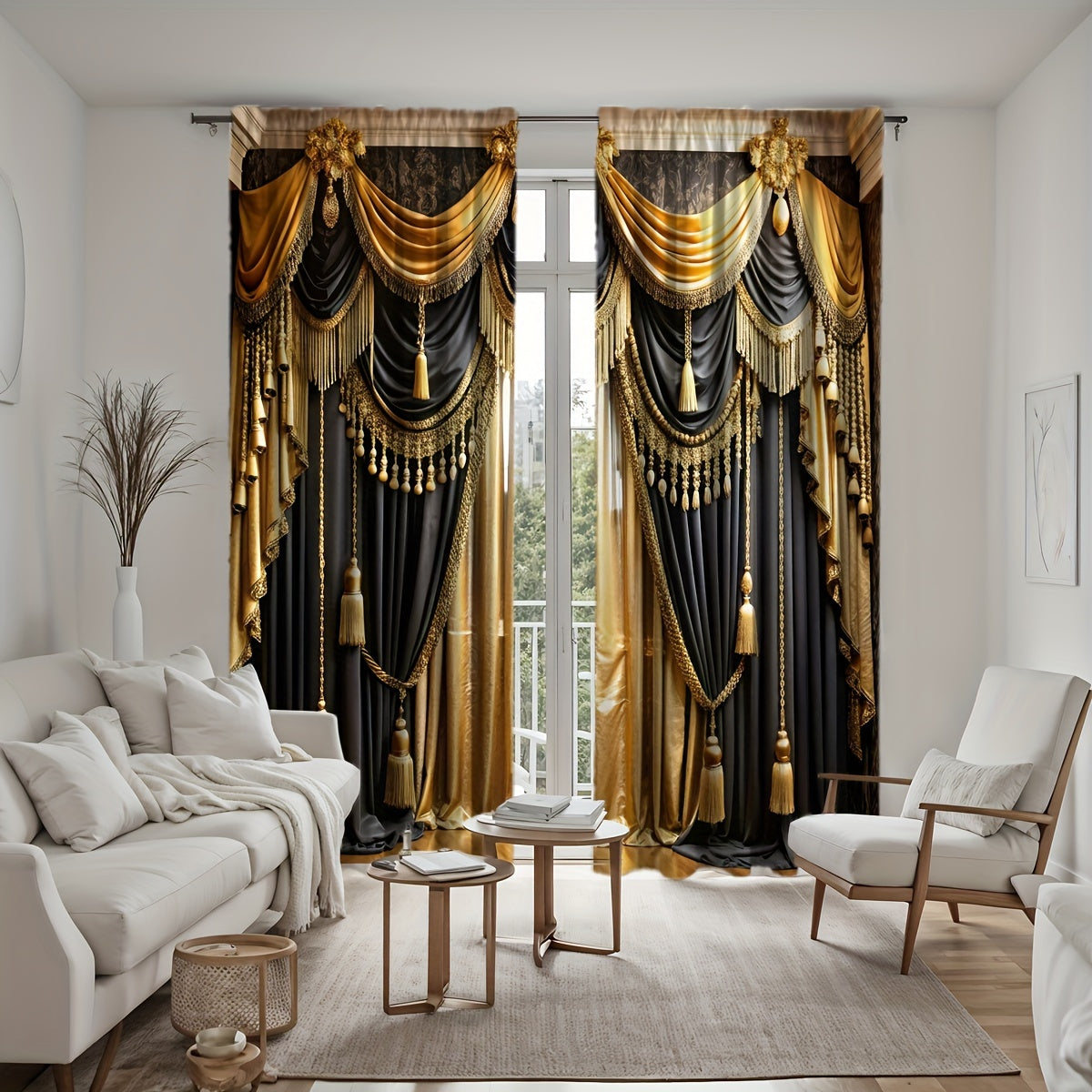 2pc Black and Gold Semi-Sheer Polyester Valance Curtains Rod Pocket for Living Room Bedroom