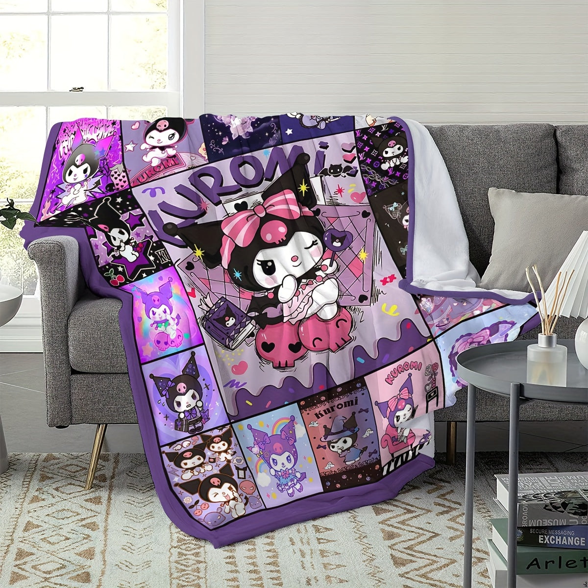 Kuromi Cartoon Flannel Throw Blanket for Kids and Adults Soft Cozy All-Season Bedding