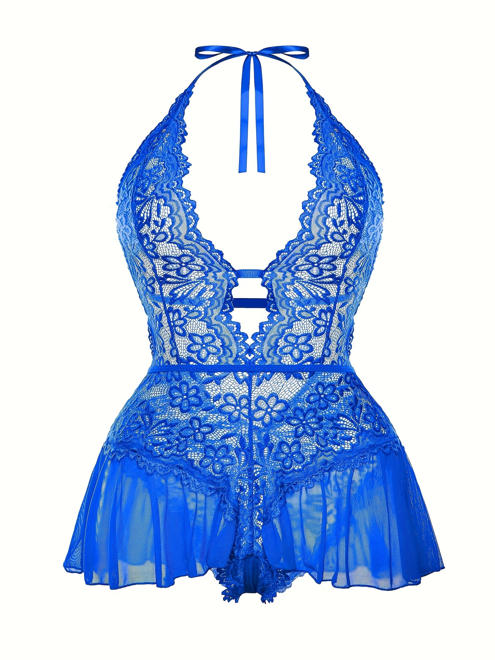 Women's Lingerie Bodysuit Floral Lace Plus Size Deep V Ruffle Halter