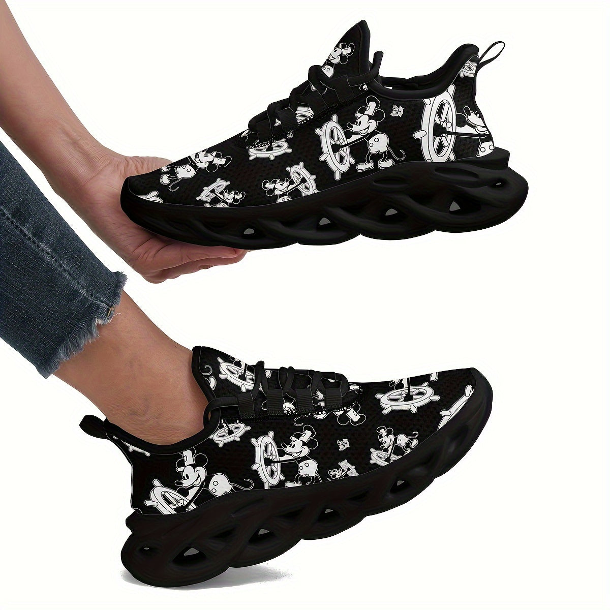 Women’s Breathable Canvas Sneakers with Cartoon Mouse Pattern for Running