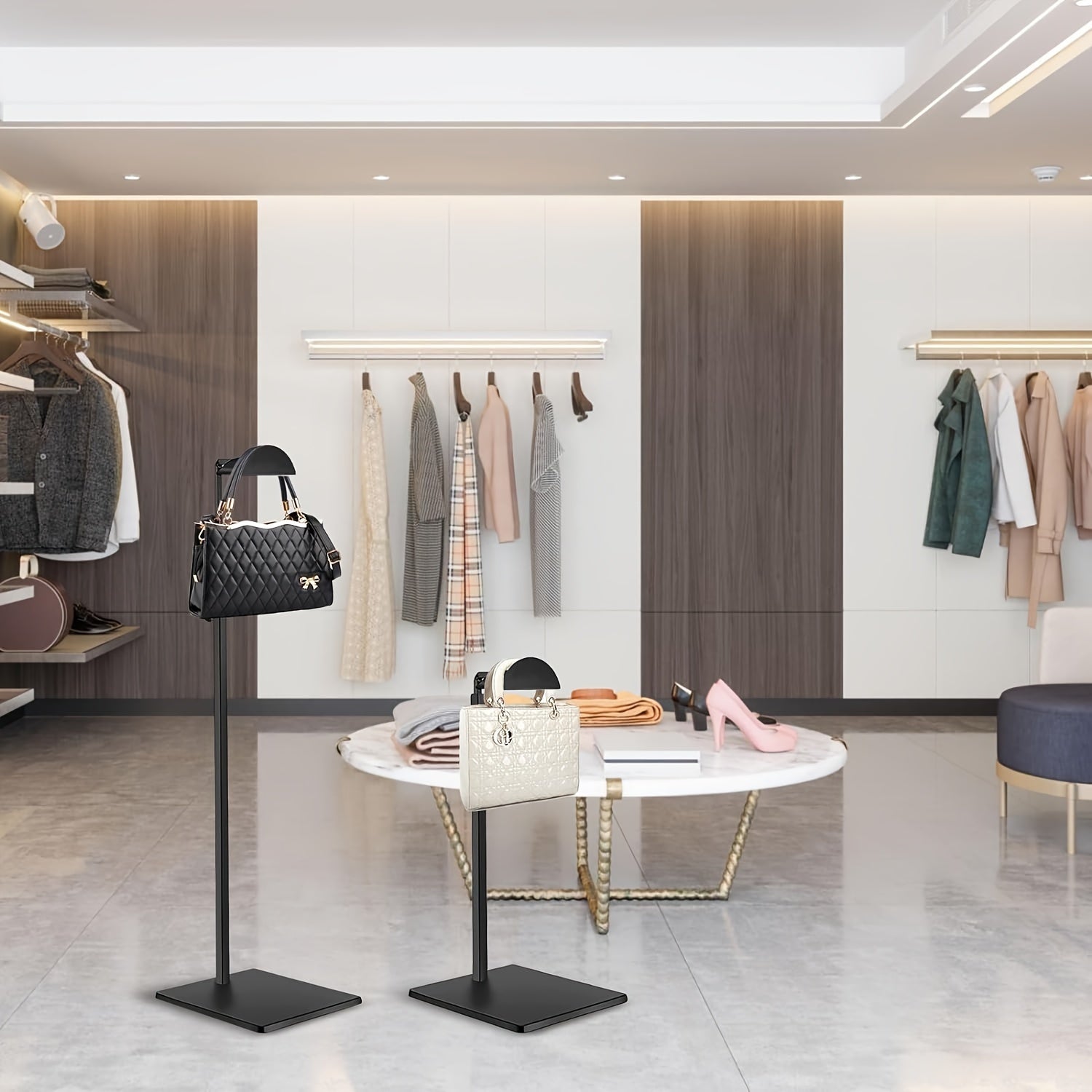 Soporte de exhibición para bolsos de metal con altura ajustable para boutiques y mostradores