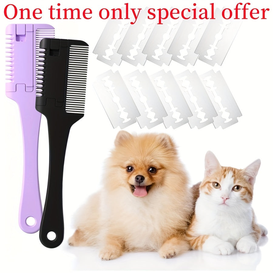 Pet Razor Comb with 10 Replacement Blades for Dog Grooming Safe Shedding and Thinning