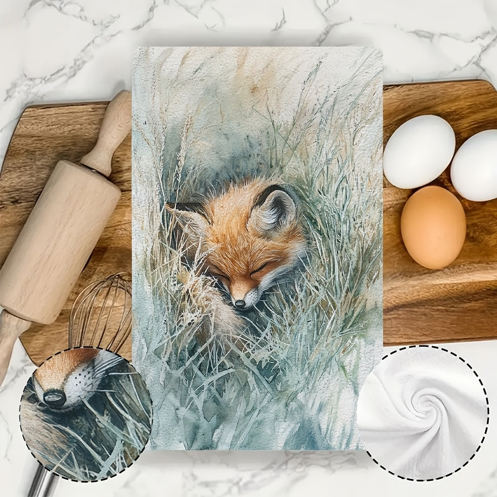 Two Pieces Ultra Soft Kitchen Towels with Fox Playing in Grass Design 40x60 cm