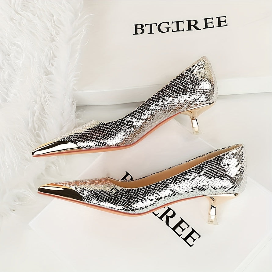 Women's Mid-Heel Pumps with Metallic Toe and Sequin Snake Pattern