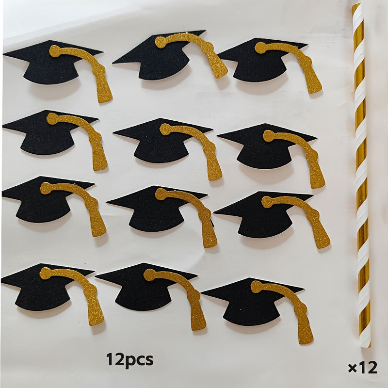 12 Graduation Cap Paper Straws with Gold Foil Accents for Parties