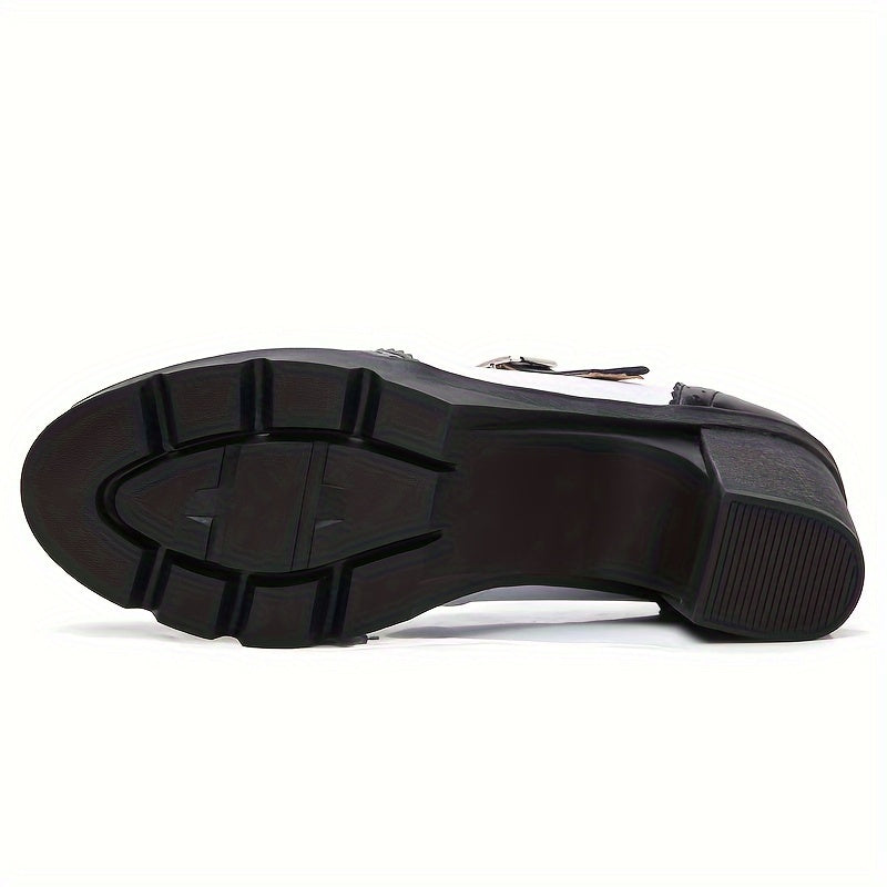 Women's Chunky Heel Brogue Pumps All-Match Classic Buckle Strap Office Shoes