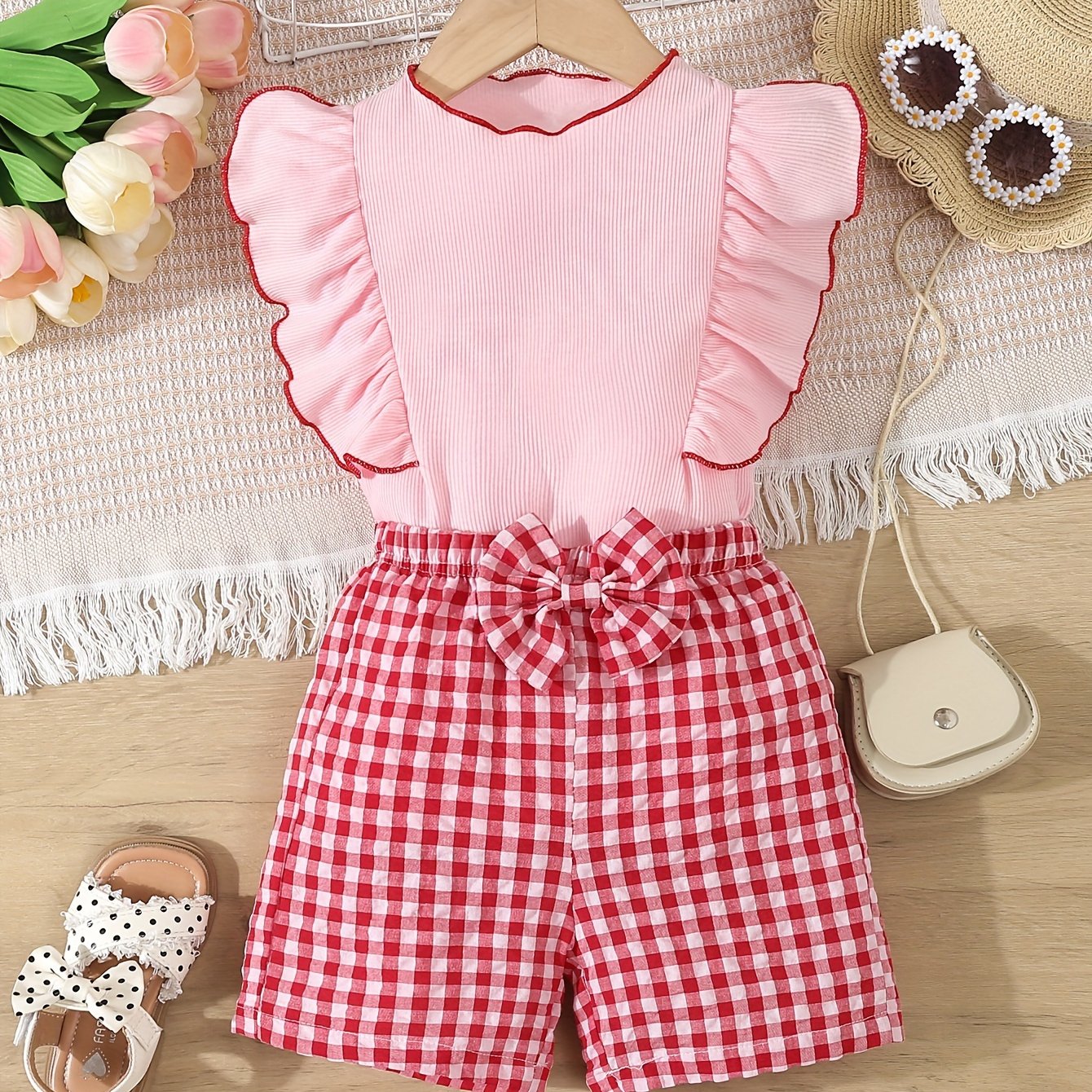 Conjunto de verano para niñas: blusa sin mangas de cuadros y pantalones cortos a cuadros para niños