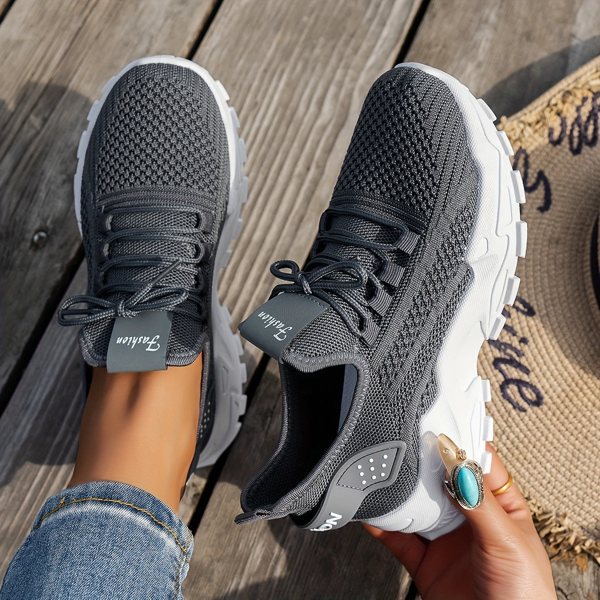 Women’s White Casual Sneakers, Breathable Elastic Upper, Plus Size