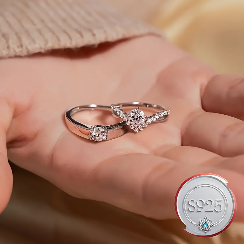 Sterling Silver Couple Rings with Cubic Zirconia Open Style for Men Women