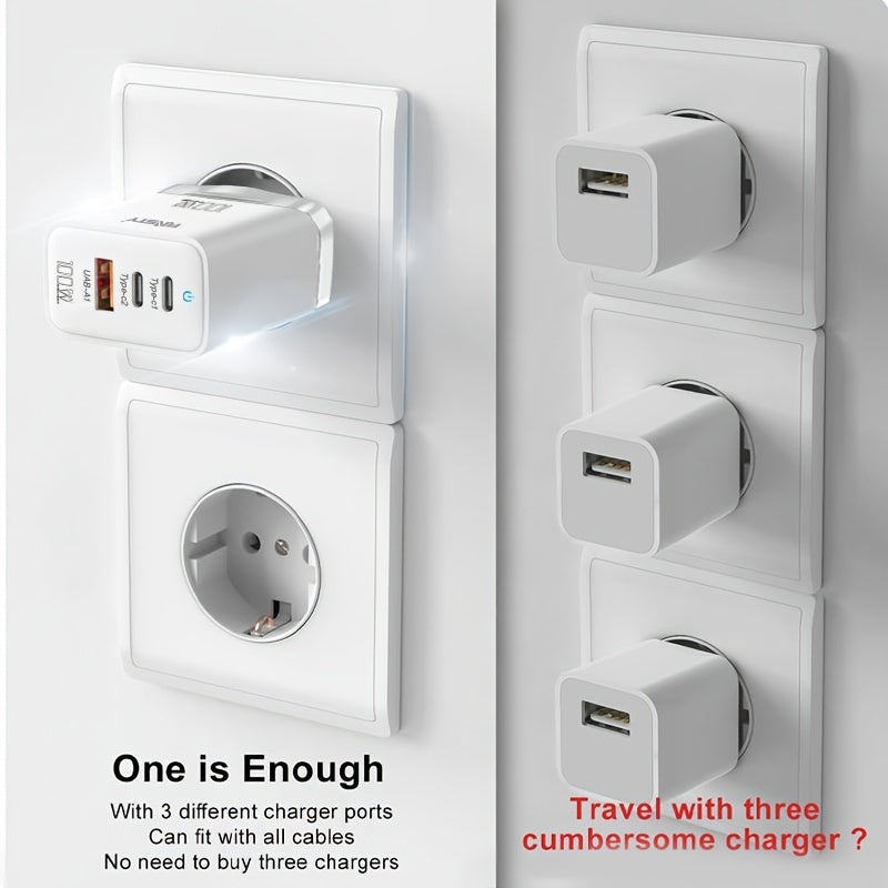 ANSTY GaN 3-Port Tez Zaryadlovchi Samsung va iPhone uchun, Umumiy Moslik, Type C Ulanishi