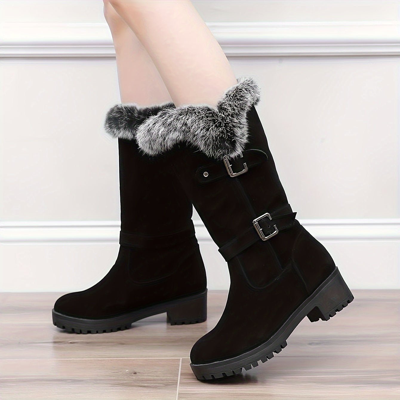 Women's Winter Snow Boots Mid-Calf Faux Fur Black Non-Slip Warm