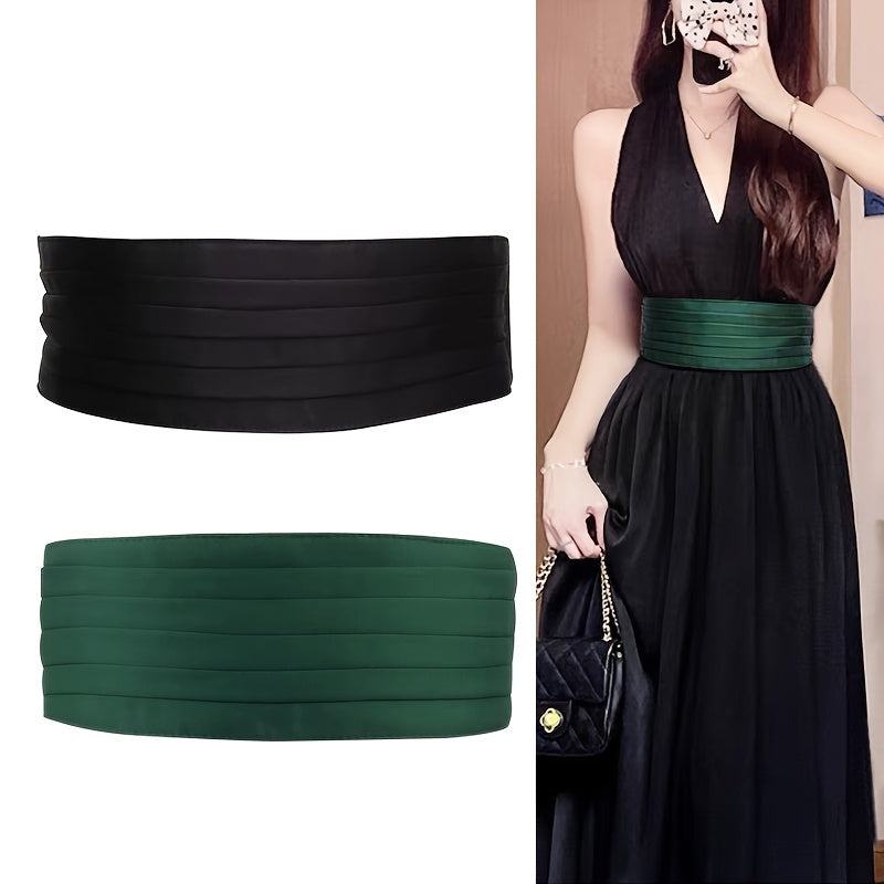 Women's Elegant Pleated Dress Coat Girdle with Wide Belt and Elastic Waist