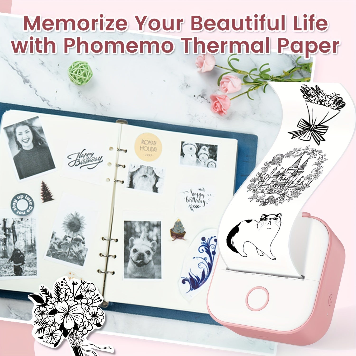 Mini Thermal Printer Portable Wireless Sticker Maker Black and White Printing