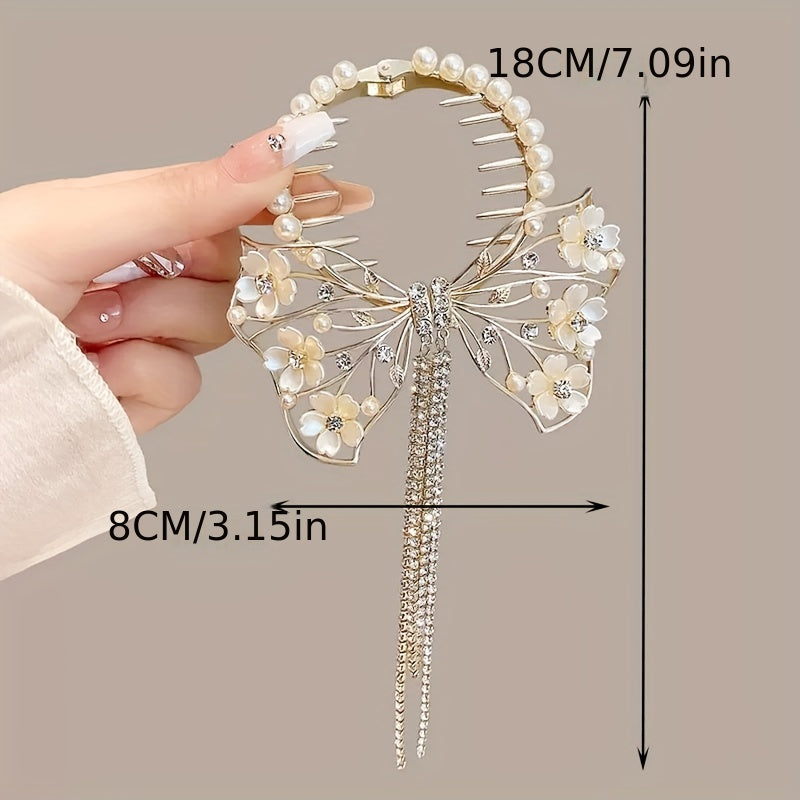 Beautiful Hair Accessory: Delicate Metal Hair Clip with Intricate Butterfly and Flower Design, Imitation Pearl Accents, Sparkling Rhinestones, and Tassel Ball Details