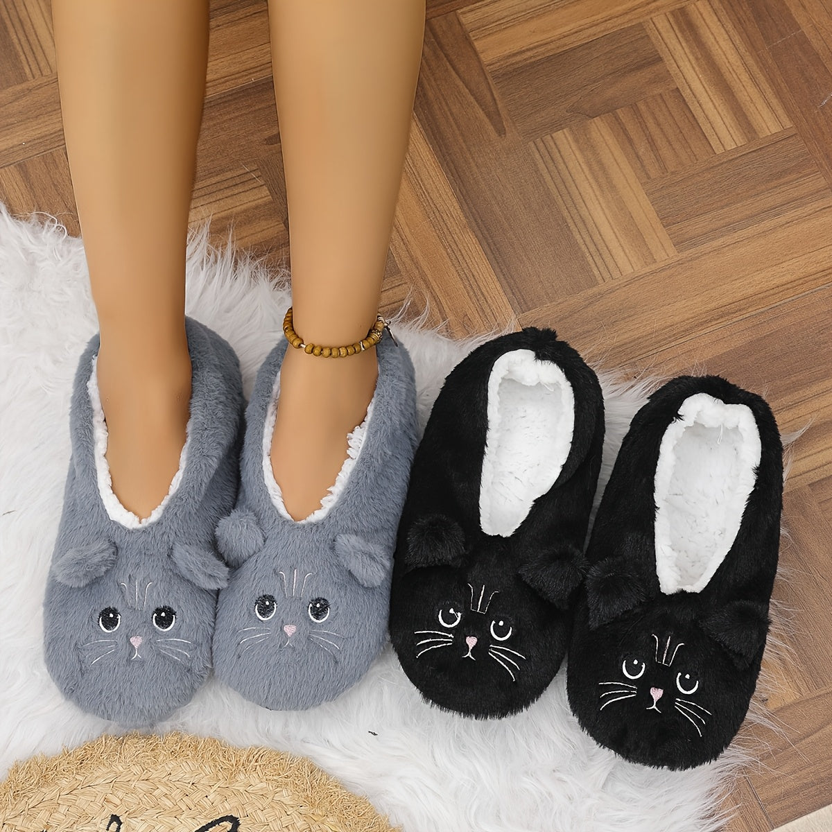Women's Plush Cartoon Cat Slippers Non-Slip Indoor Casual Footwear