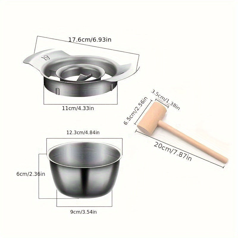 Granat yong'oqini olib tashlash uchun Stainless Steel asboblar to'plami - Bardoshli meva tozalagich va yong'oq chiqaruvchi, ofis va ovqatlanish muhitida oziq-ovqat tayyorlash uchun qulay aksessuarlar, idish va yog'och kaltak bilan birga (1 to'plam)