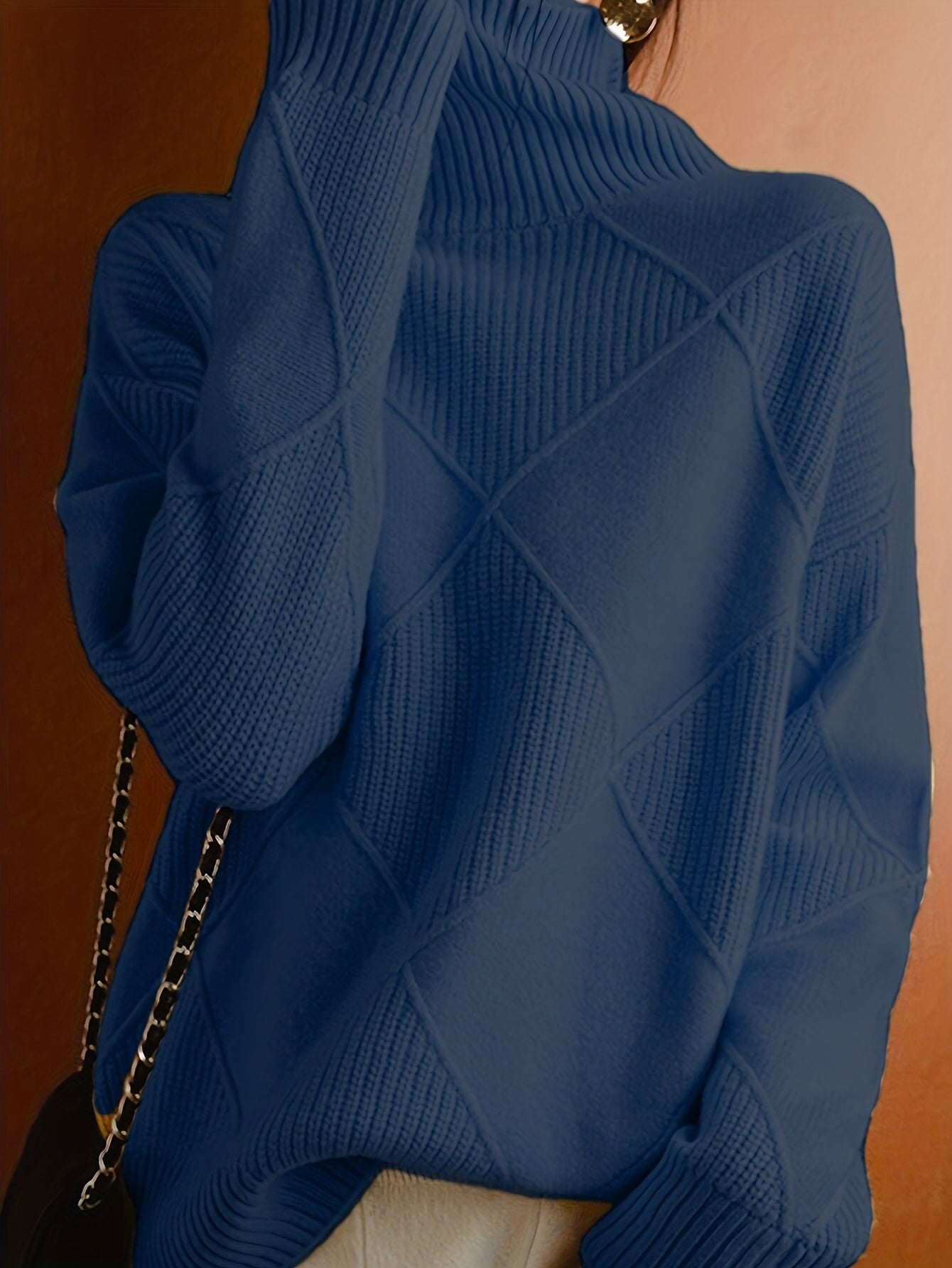 Women's Green Turtleneck Sweater Acrylic Knit Diamond Pattern Long Sleeve Fall Winter