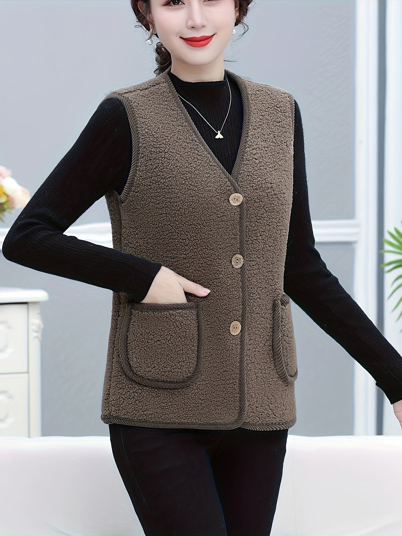 Women's Fleece-Lined Vest with Pockets Casual Sleeveless Knit Polyester Solid