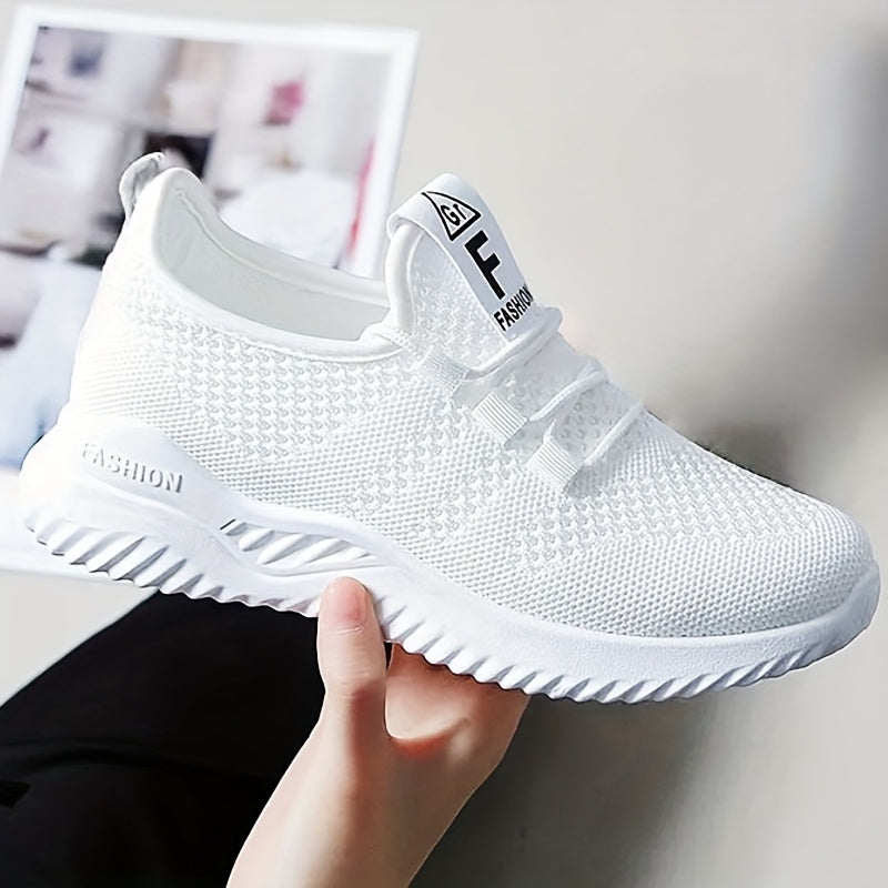 Women's Breathable Knit Sneakers Lightweight Casual Low-Top White Navy Blue