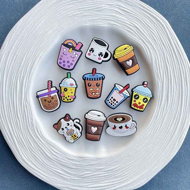 11Pcs Kids Girls Boba Tea Shoe Charms Set PVC Shoe Accessories Removable Decor