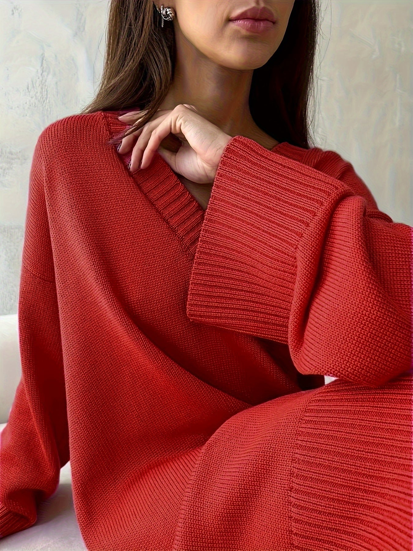 Women's Black Ribbed V-Neck Long Sleeve Dress Casual Fall Winter