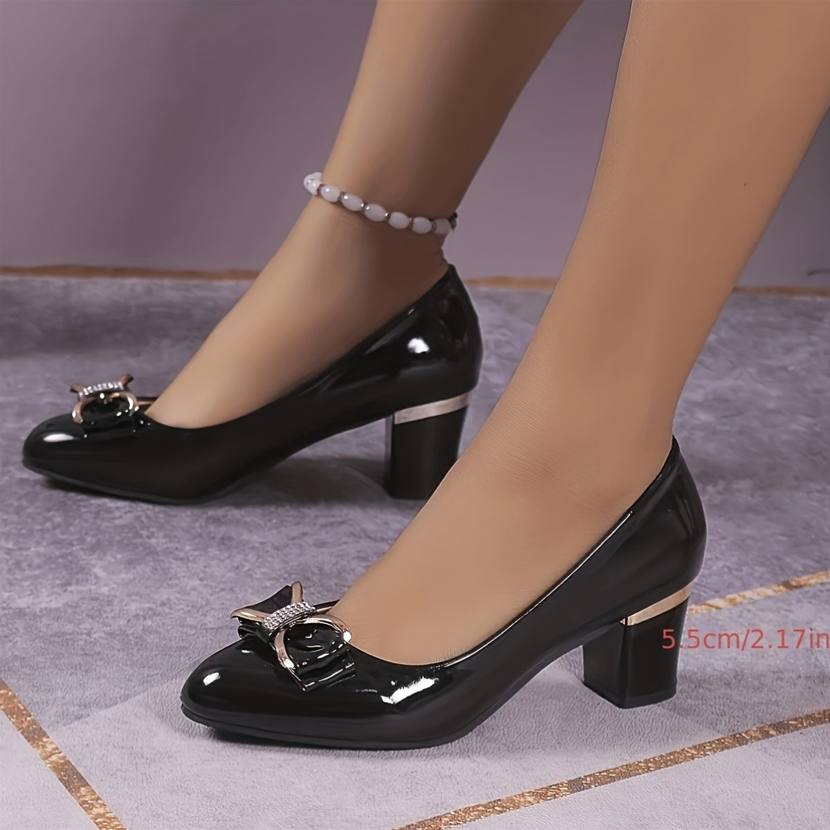 Women’s Black Bow Mary Jane High Heels Chunky Mid-Heel Pumps