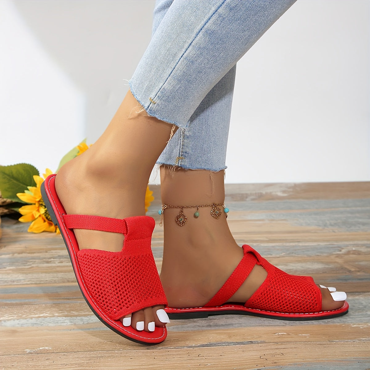 Women Knitted Flat Sandals Comfortable Lightweight Beach Shoes Summer