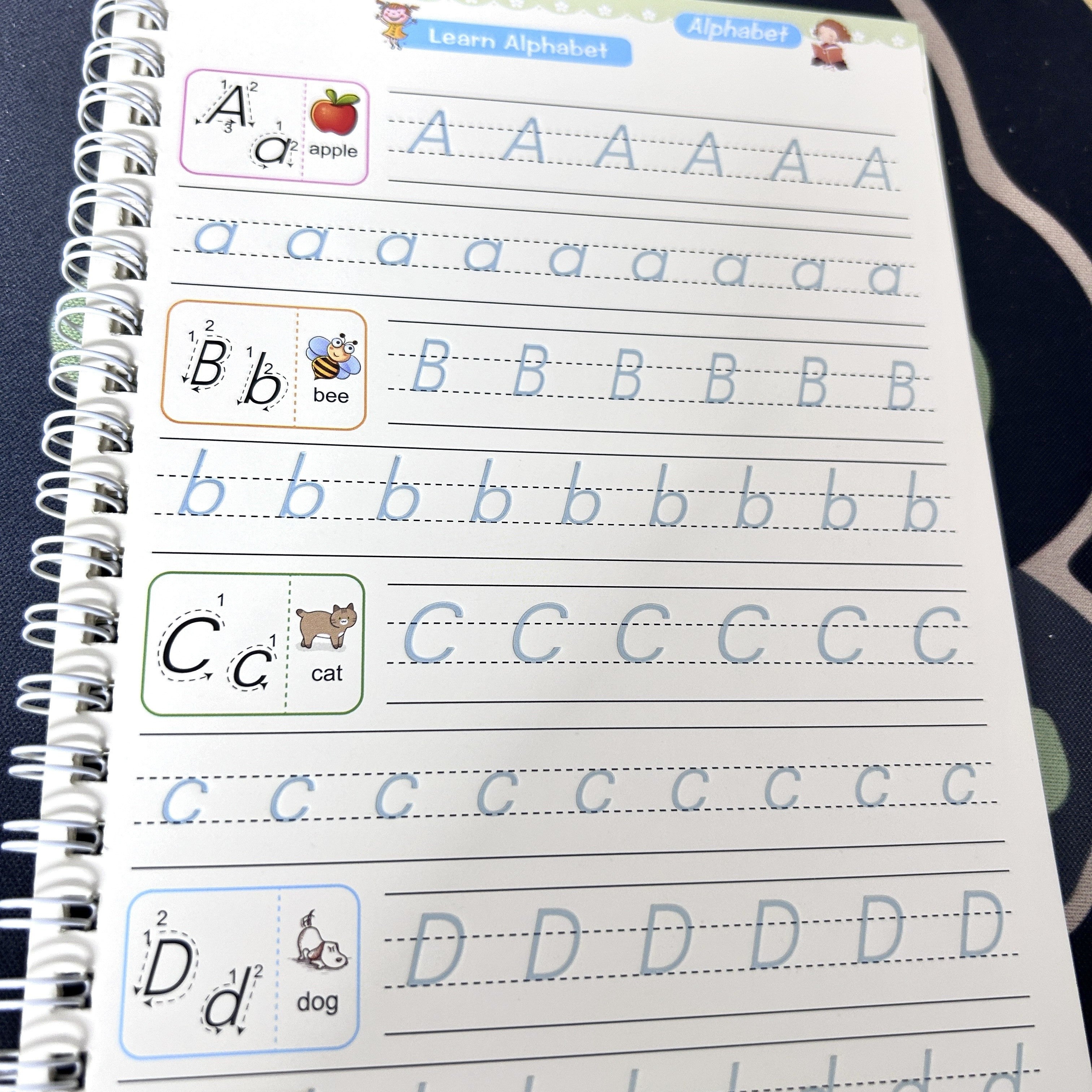 Libros reutilizables de caligrafía y escritura a mano para aprendizaje temprano, set de 4 para niños de 3+ años