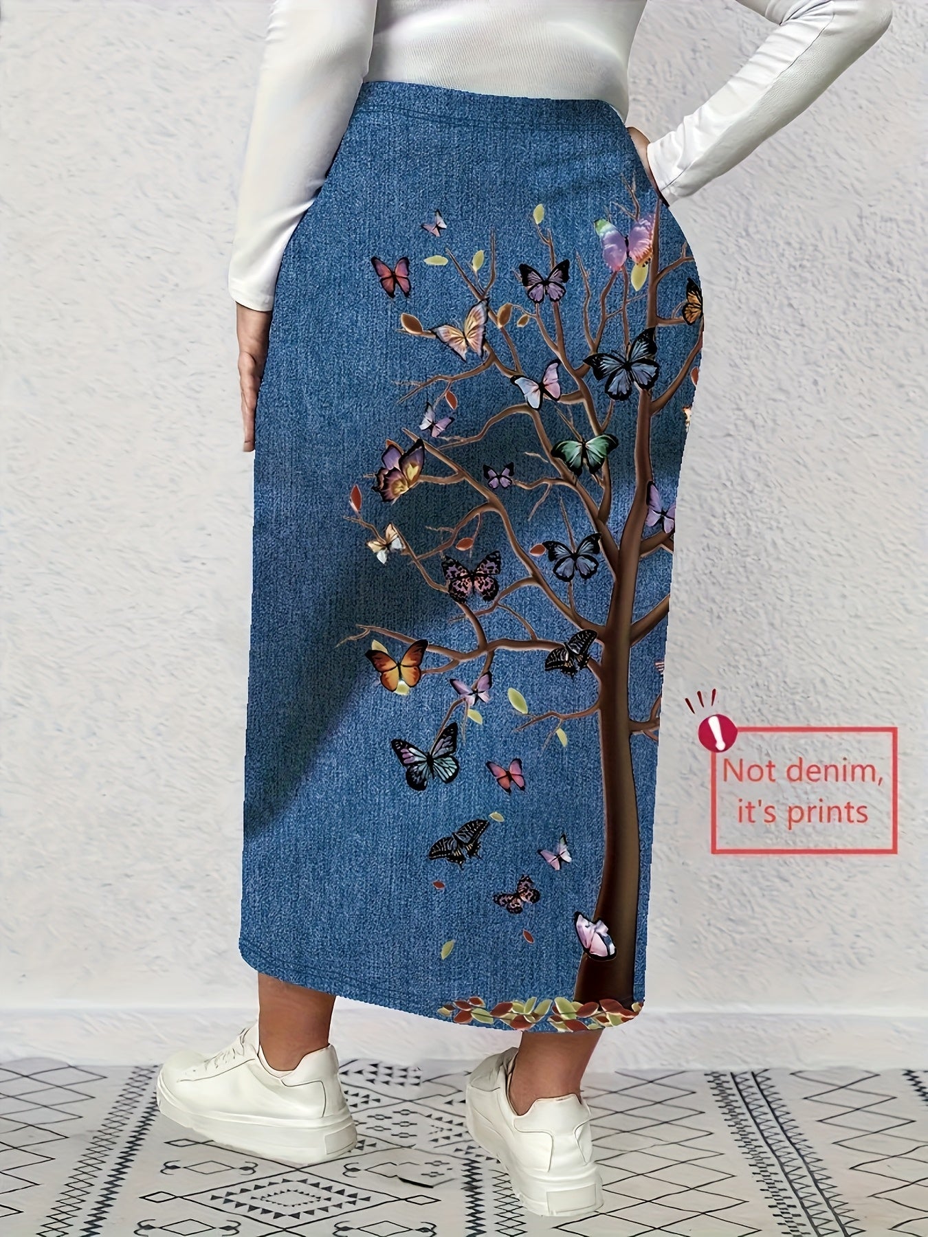Women's Plus Size Denim Print Butterfly Tree Half Skirt