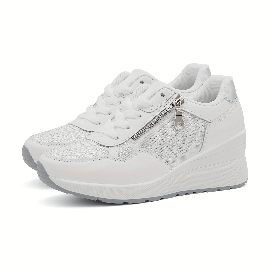 Ladies' Non-Slip Lace-Up Casual Sports Shoes with Zipper and Sequins