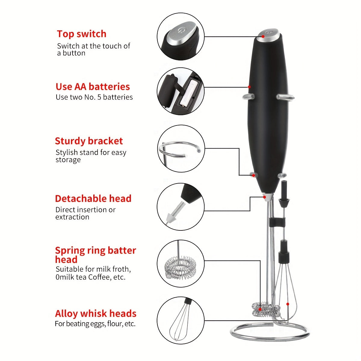 Portable 2-in-1 Milk Frother and Egg Whisk Stainless Steel Stand Black Battery-Free