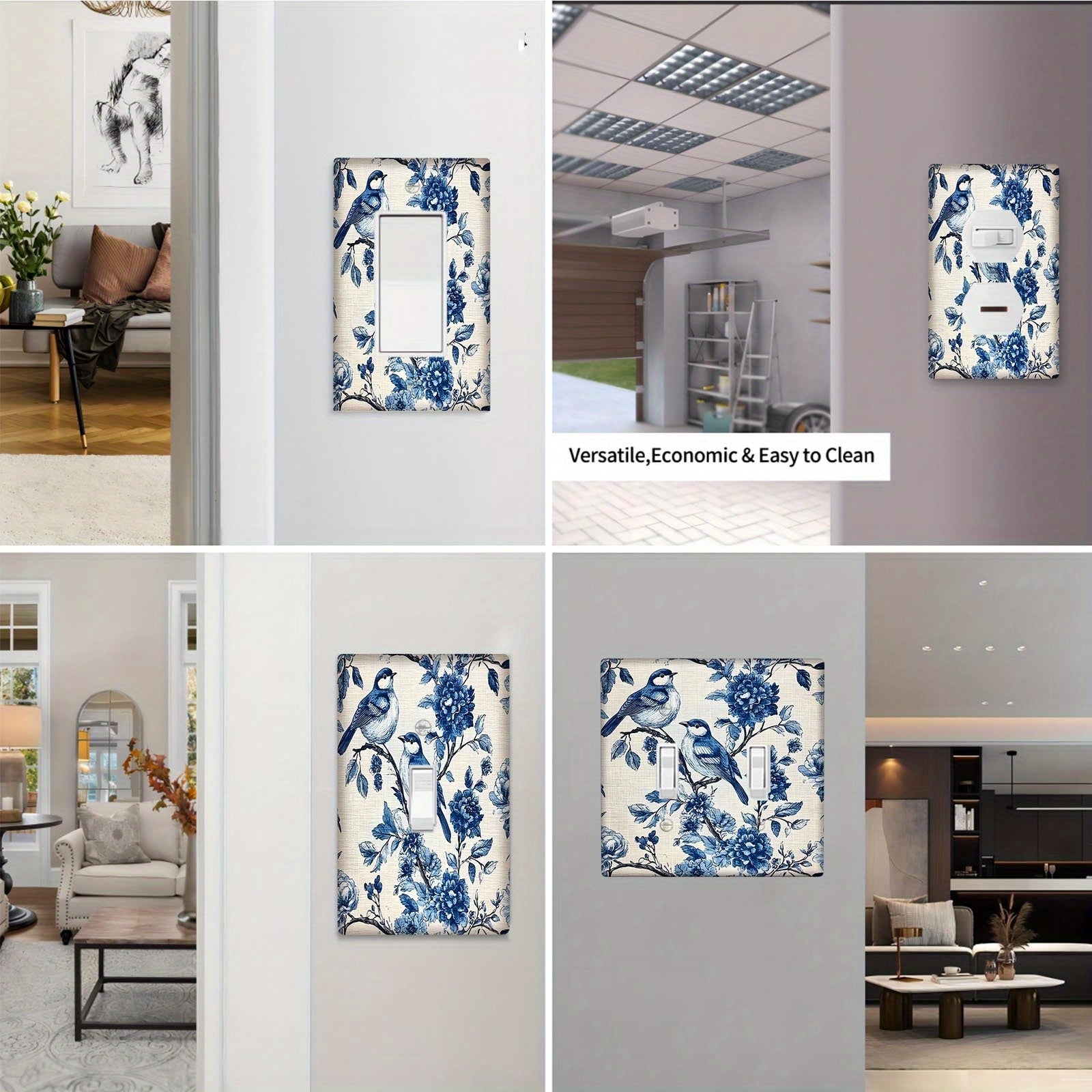 Blue Birds and Floral Wall Plate Cover for Teen Room Bedroom Bathroom Playroom