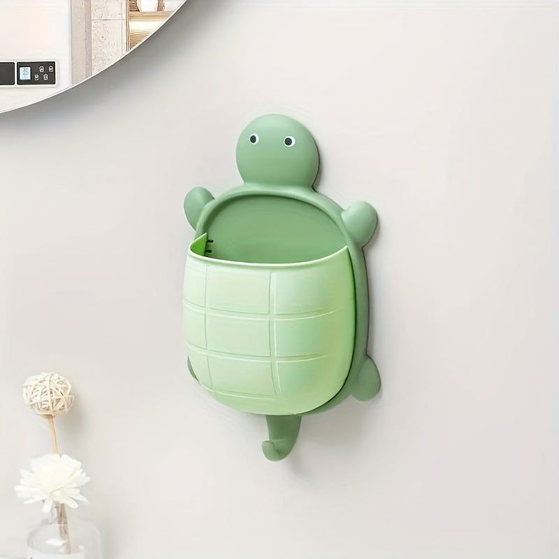 Turtle-Shaped Wall-Mounted Remote Control Holder with Self-Adhesive Storage for Bathroom and Makeup Organization
