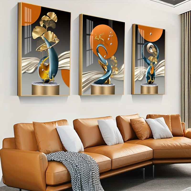 Golden Deer Ginkgo Leaf Canvas Wall Art Set of 3 Modern Unframed Home Decor for Living Room Kitchen Office