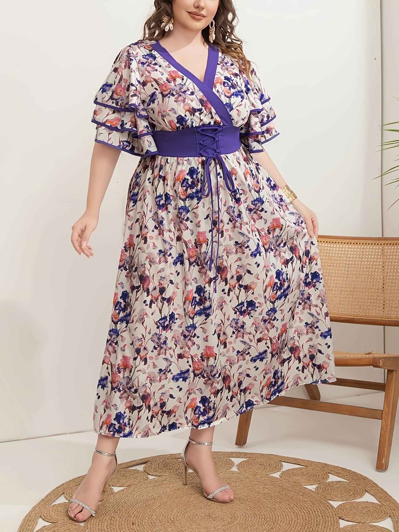 Women's Plus Size Floral V-Neck Tunic Dress with Crossover Back