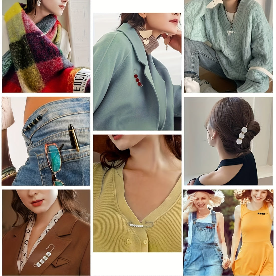 60 ta broshka to'plami, soxta marvaridlar va rhinestone'lar bilan bezatilgan - ko'ylaklar, sviterlar, shalvarlar, shlyapalar va bel uchun ko'p maqsadli aksessuarlar - qulay saqlash qutisi bilan birga keladi.