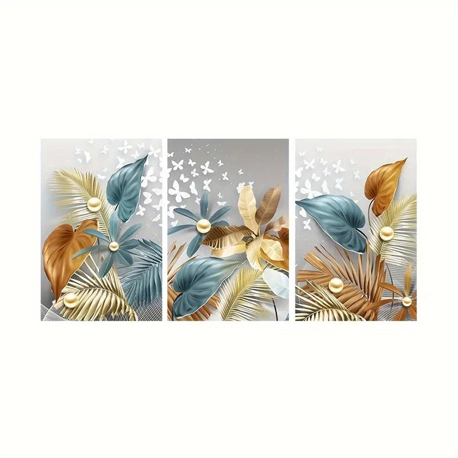 Frameless Canvas Wall Art Set of 3 Golden Butterfly Leaves Portrait 12x16 Inches