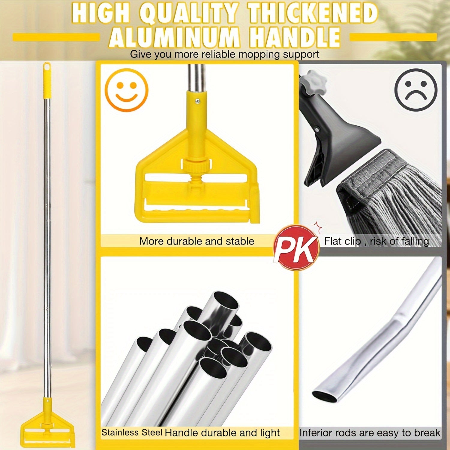 Turli sirtlarni tozalash uchun mo'ljallangan mustahkam va singdiruvchi pol tozalagich, yashash xonasi, yotoqxona, hammom, hojatxona va oshxonada foydalanish uchun. Oson foydalanish uchun tutqichi bo'lgan sariq ipdan yasalgan mop xususiyatlariga ega.