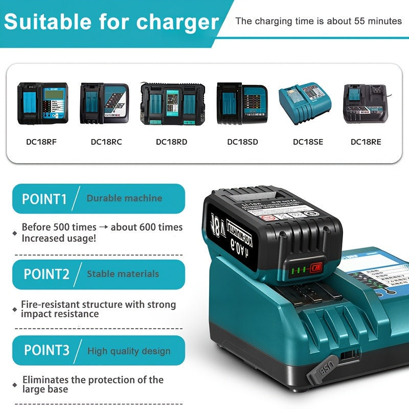 Makita asboblari uchun USB Type-C zaryadlash bilan 18V 6.0Ah Lithium-ion batareyasi