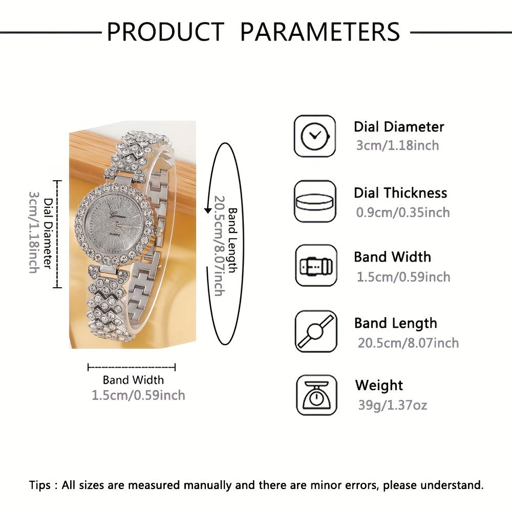 Rinestones bilan bezatilgan 6 ta kvarts soatning elegant to'plami, marjon, bilaguzuk, taqinchoq va uzukni o'z ichiga oladi. Onalar yoki qiz do'stlar uchun maxsus tadbirlarda mukammal sovg'a.