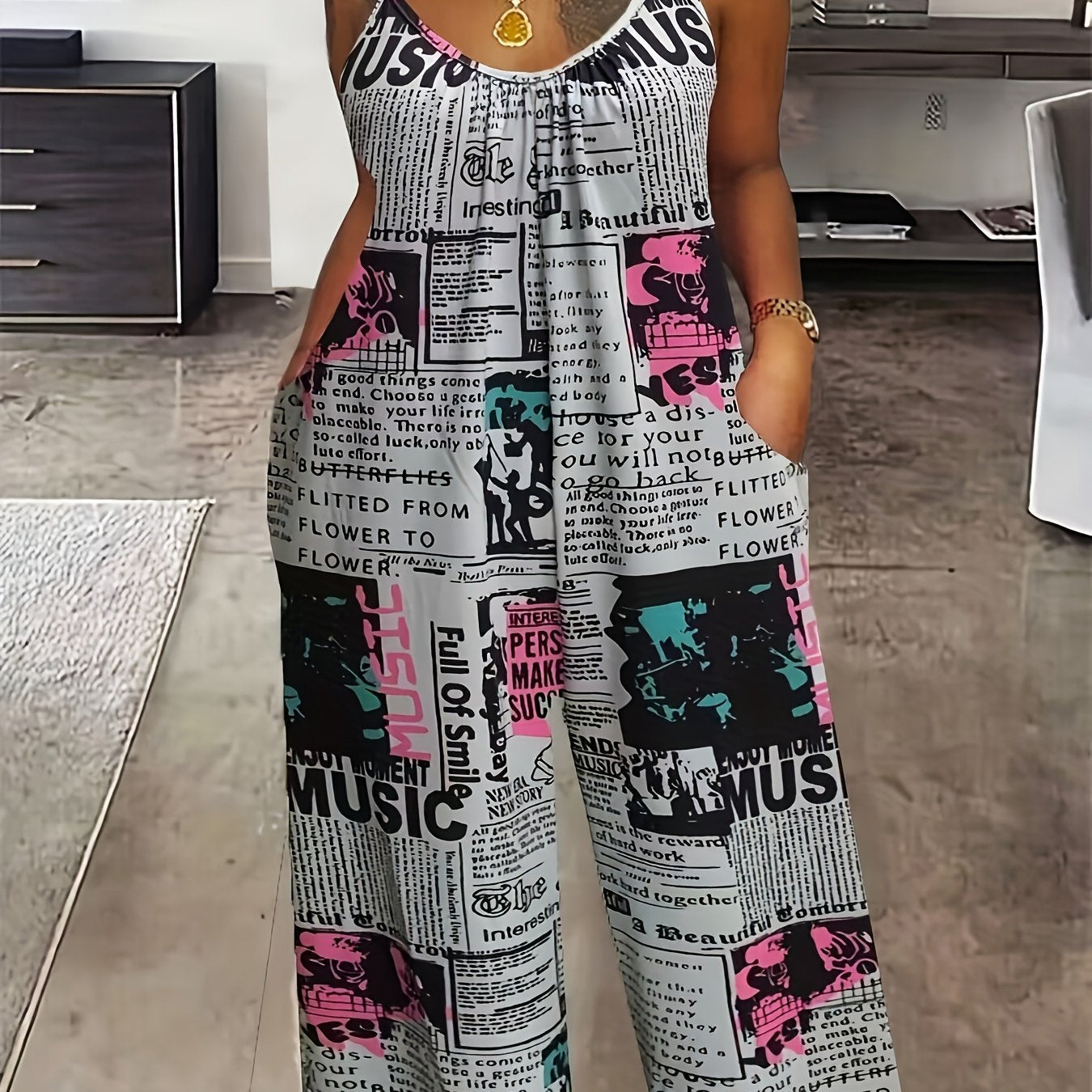 Plus Size Women's Jumpsuit Newspaper Print Off-Shoulder Pockets Casual All-Season