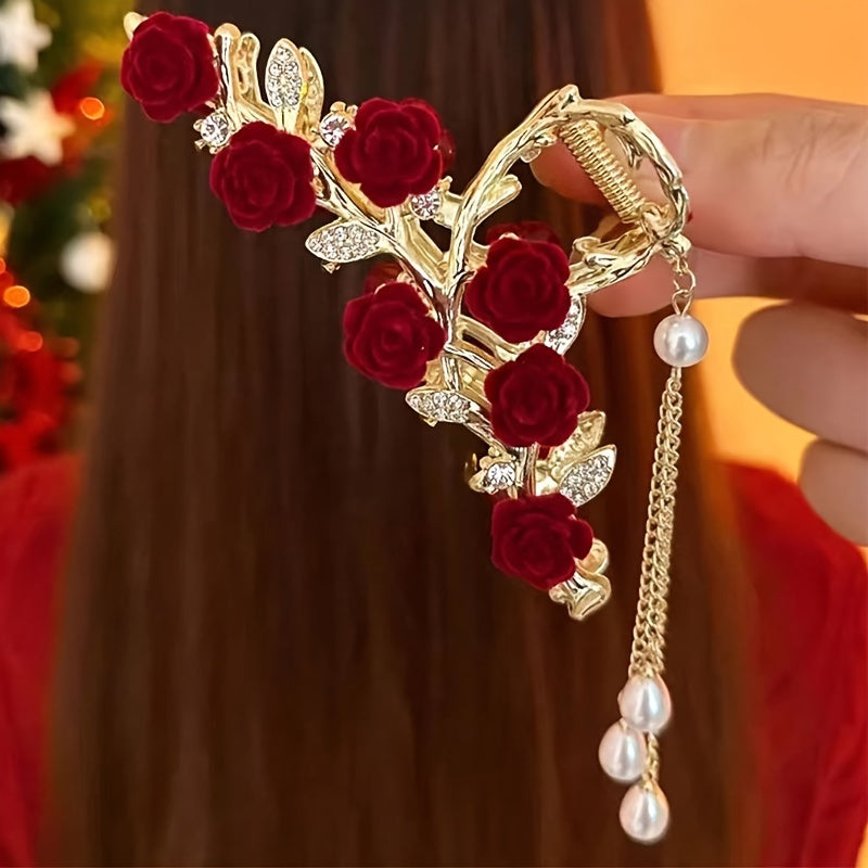 Gold Metal Hair Claw with Red Velvet Roses Pearl Tassels and Rhinestones for Women
