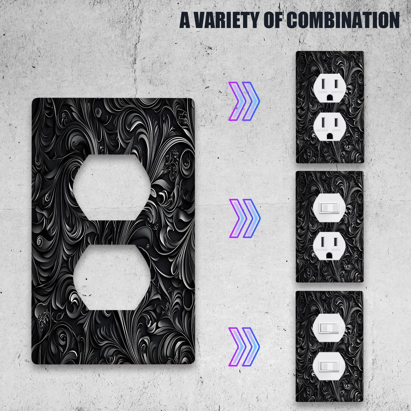 Placa de pared con estampado floral negro para cubiertas de interruptor y toma de corriente