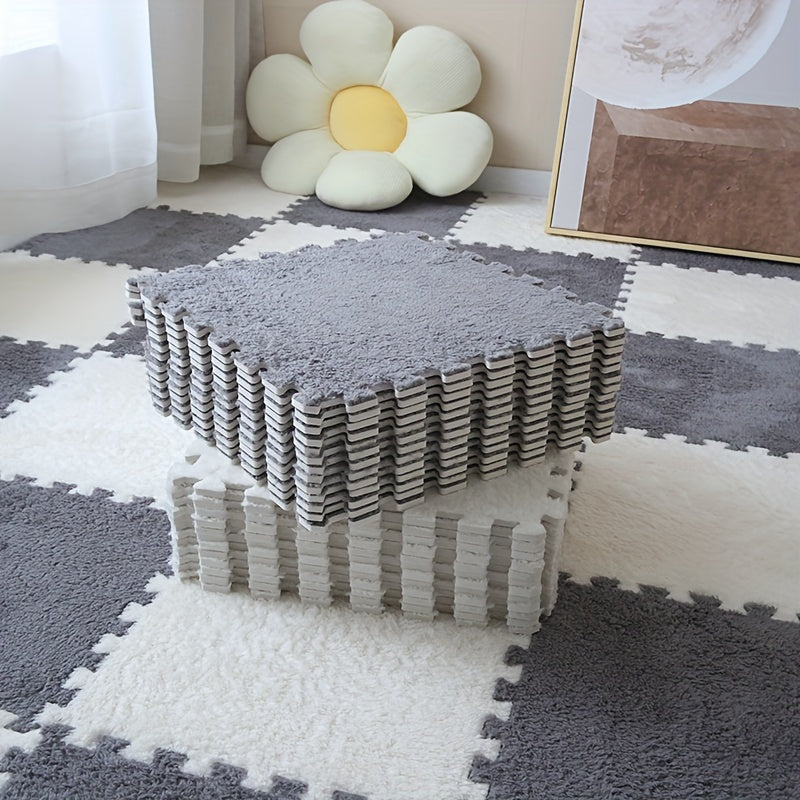 24 Pieces Fluffy Splicing Floor Mat Washable Shock Absorption Sound Insulation Pet Rest Carpet
