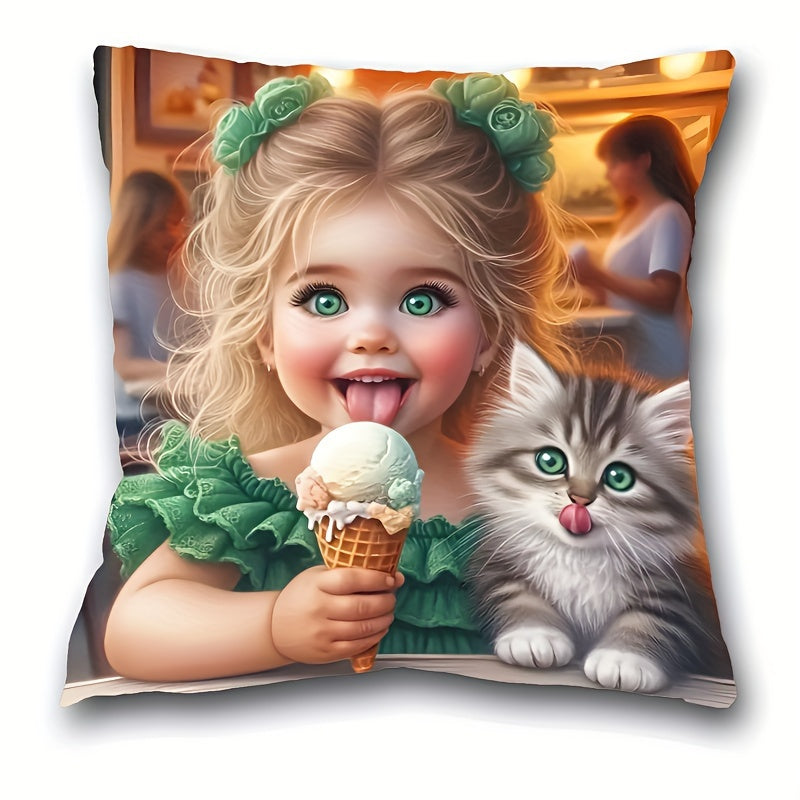 Girl and Kitten Print Plush Pillowcase 44.96cm Decorative Pillow for Home Decor