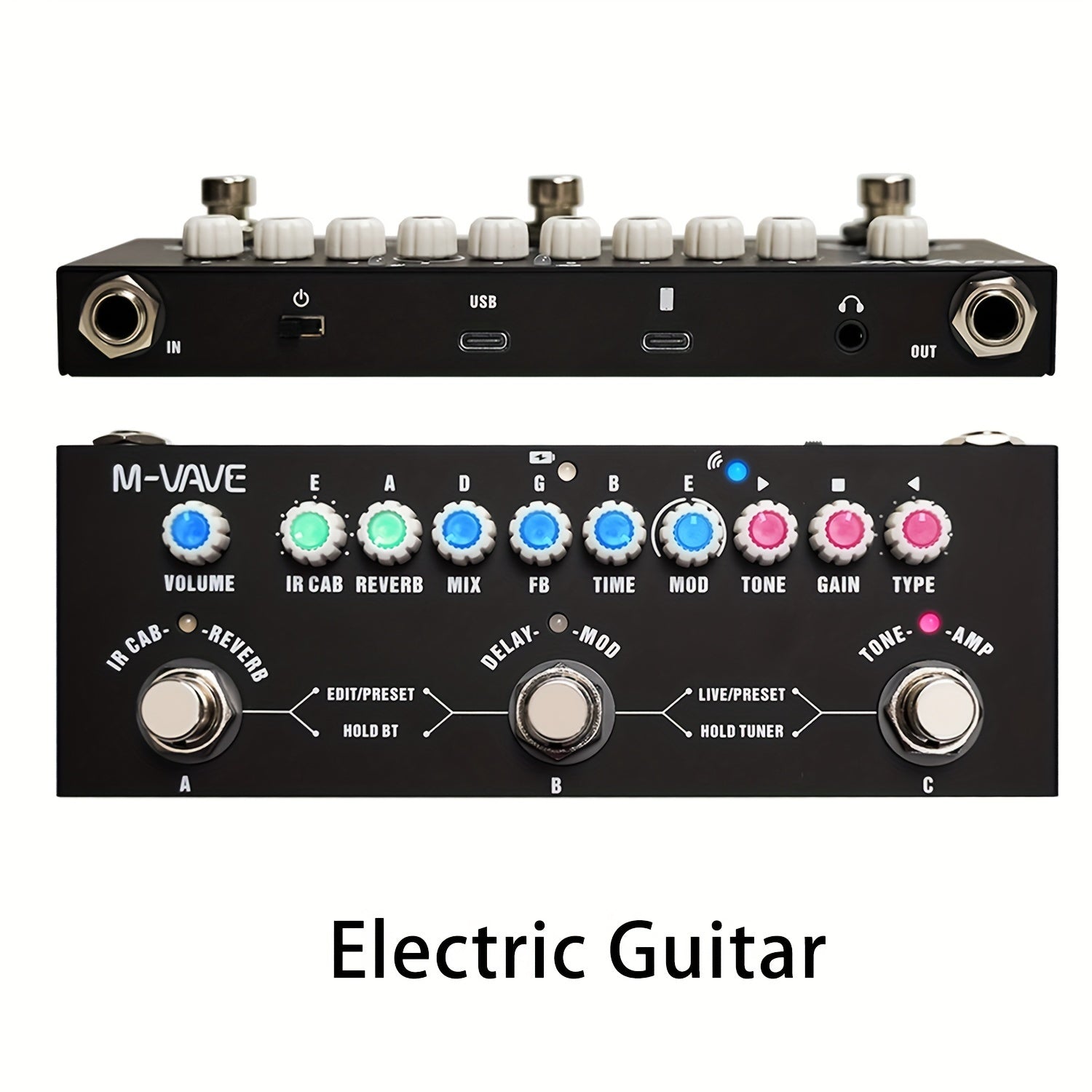 M-VAVE Portativ 3-in-1 Gitara Pedali - Elektron, Bas va Akustik Gitaralar uchun USB Zaryadlanadigan Effektlar Protsessori - Rangli Kodlangan Tugmalar, Haqiqiy O'tish, LCD Ko'rsatkich bilan Mustahkam Temir Qurilish