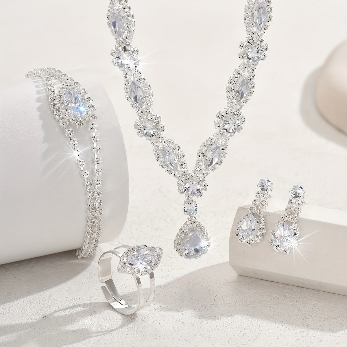 Set of 5 Silver-Plated Bridal Jewelry Water Drop Rhinestone Necklace Bracelet Earrings Ring for Weddings