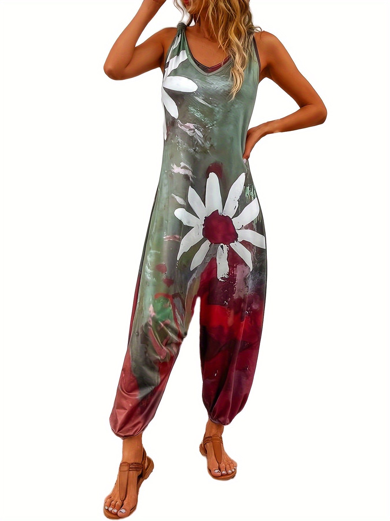 Plus Size Casual Floral Print V-Neck Jumpsuit for Women