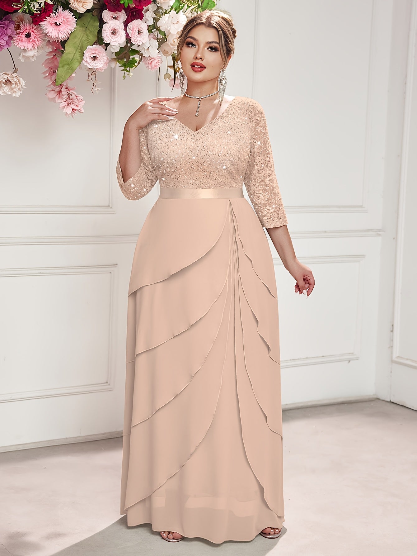 Plus Size Women's Sequin Lace V-Neck Maxi Dress Formal Evening Gown