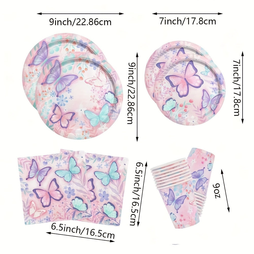 Ekologik toza kapalak mavzusidagi bir martali ishlatiladigan dasturxon to'plami 50 donadan iborat - Qog'oz tarelkalar, salfetkalar, tug'ilgan kun bezaklari uchun stakanlar, elektr energiyasini talab qilmaydi.